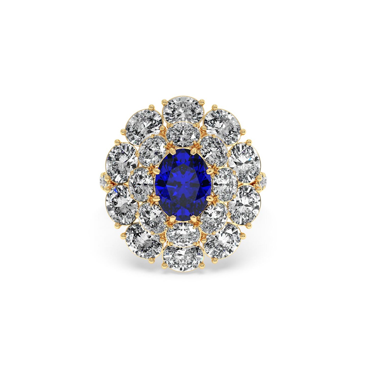 Elegant 14k gold ring with a vivid 2.50CT oval blue sapphire encircled by sparkling white diamonds, exuding luxury and sophistication.