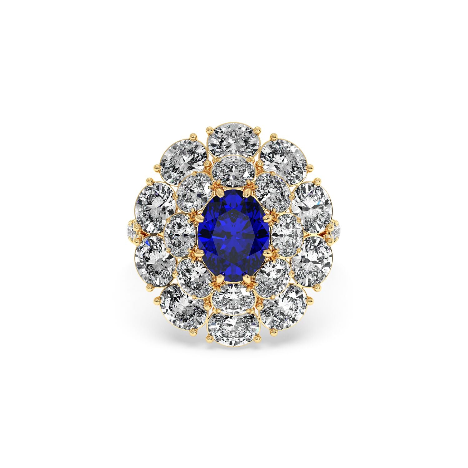 Elegant 14k gold ring with a vivid 2.50CT oval blue sapphire encircled by sparkling white diamonds, exuding luxury and sophistication.