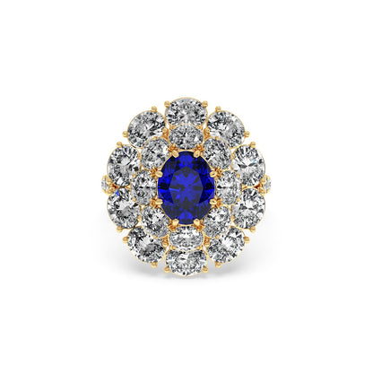 Elegant 14k gold ring with a vivid 2.50CT oval blue sapphire encircled by sparkling white diamonds, exuding luxury and sophistication.