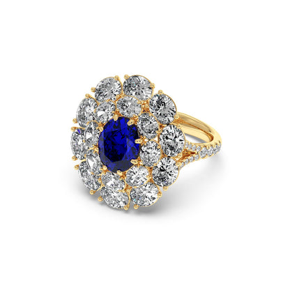 14k gold ring with a 2.50CT oval blue sapphire surrounded by a halo of sparkling diamonds, creating an elegant and luxurious look.