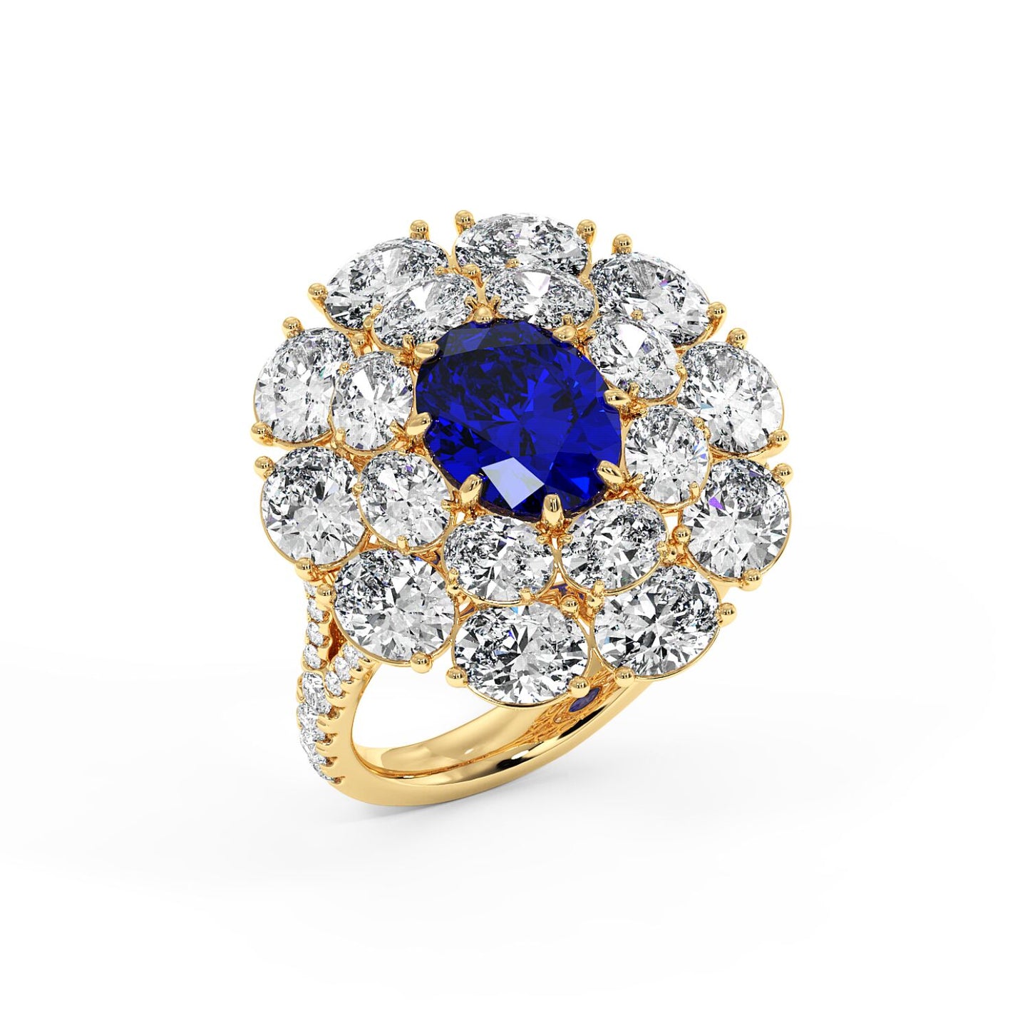 Top view of a 14k gold ring with a vivid 2.50CT oval blue sapphire encircled by sparkling white diamonds.