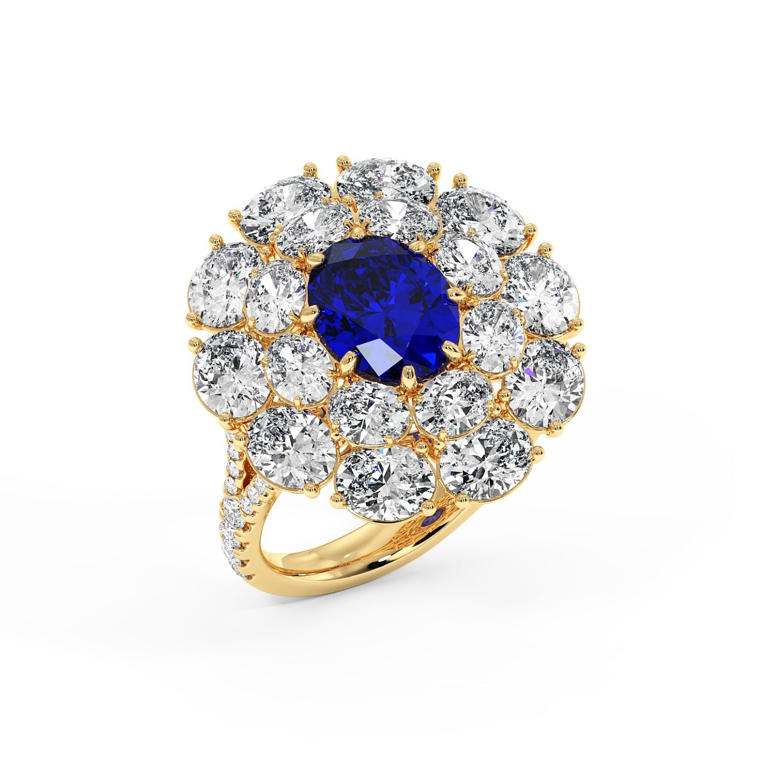 Top view of a 14k gold ring with a vivid 2.50CT oval blue sapphire encircled by sparkling white diamonds.