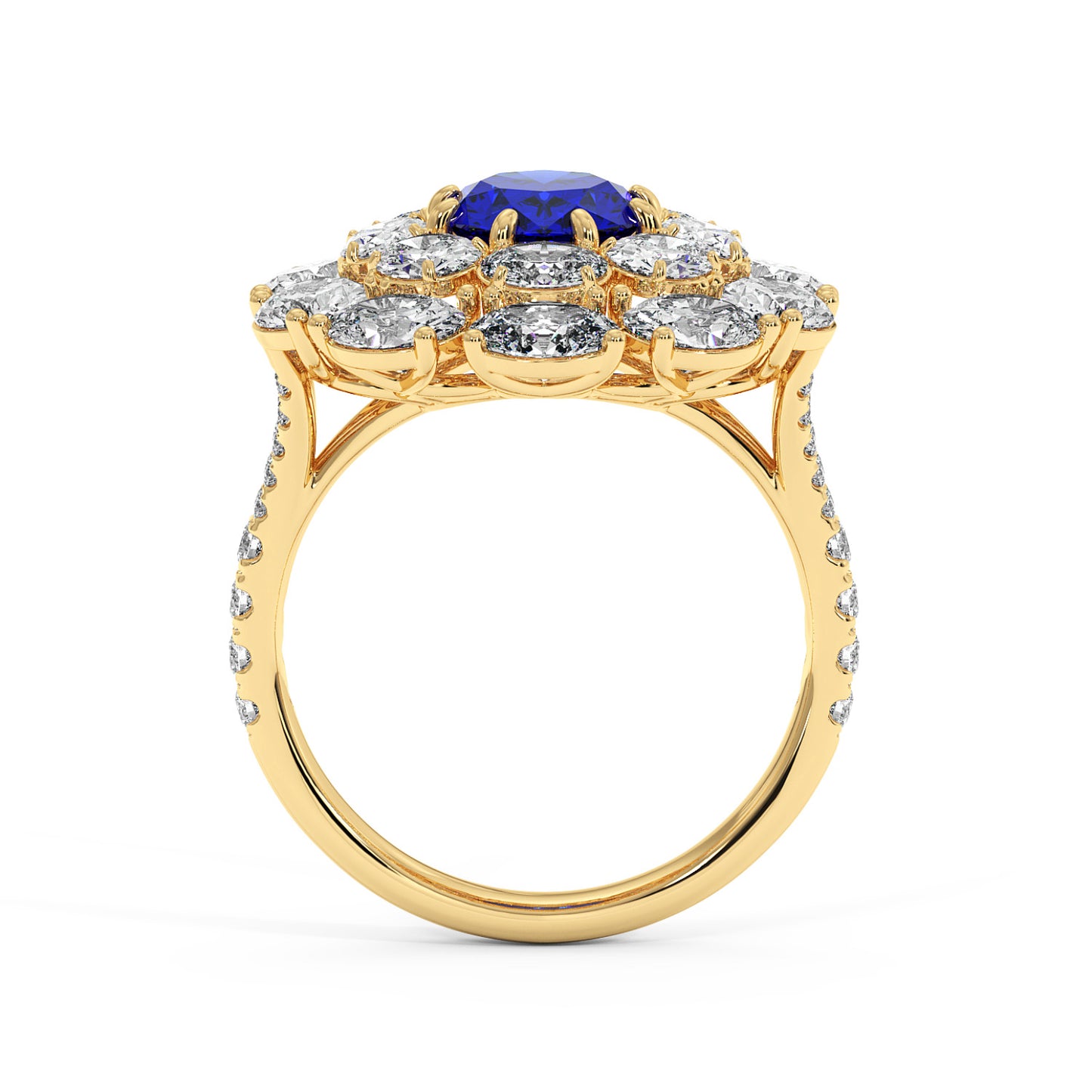 14k gold ring with a 2.50CT oval blue sapphire surrounded by small diamonds on a diamond-studded band, exuding elegance and luxury.