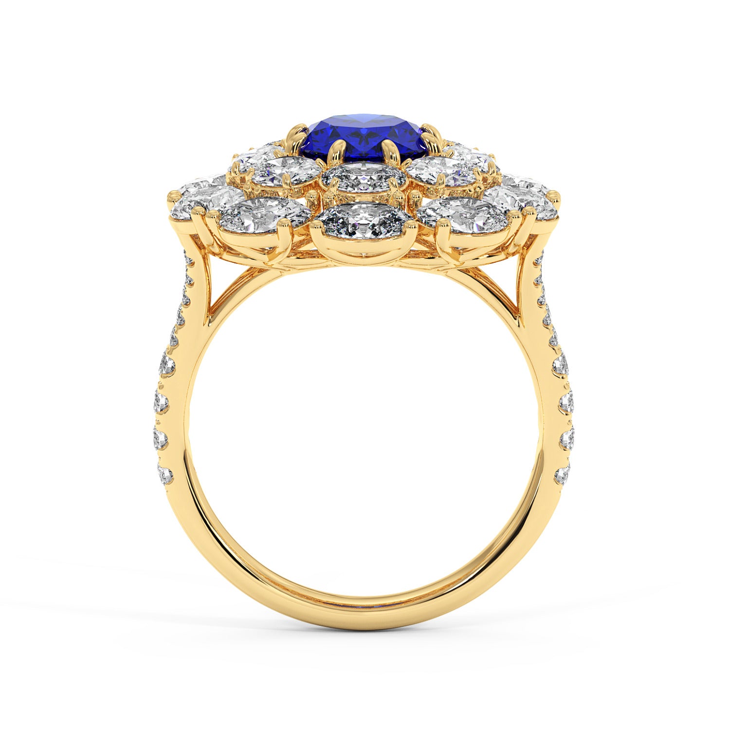 14k gold ring with a 2.50CT oval blue sapphire surrounded by small diamonds on a diamond-studded band, exuding elegance and luxury.