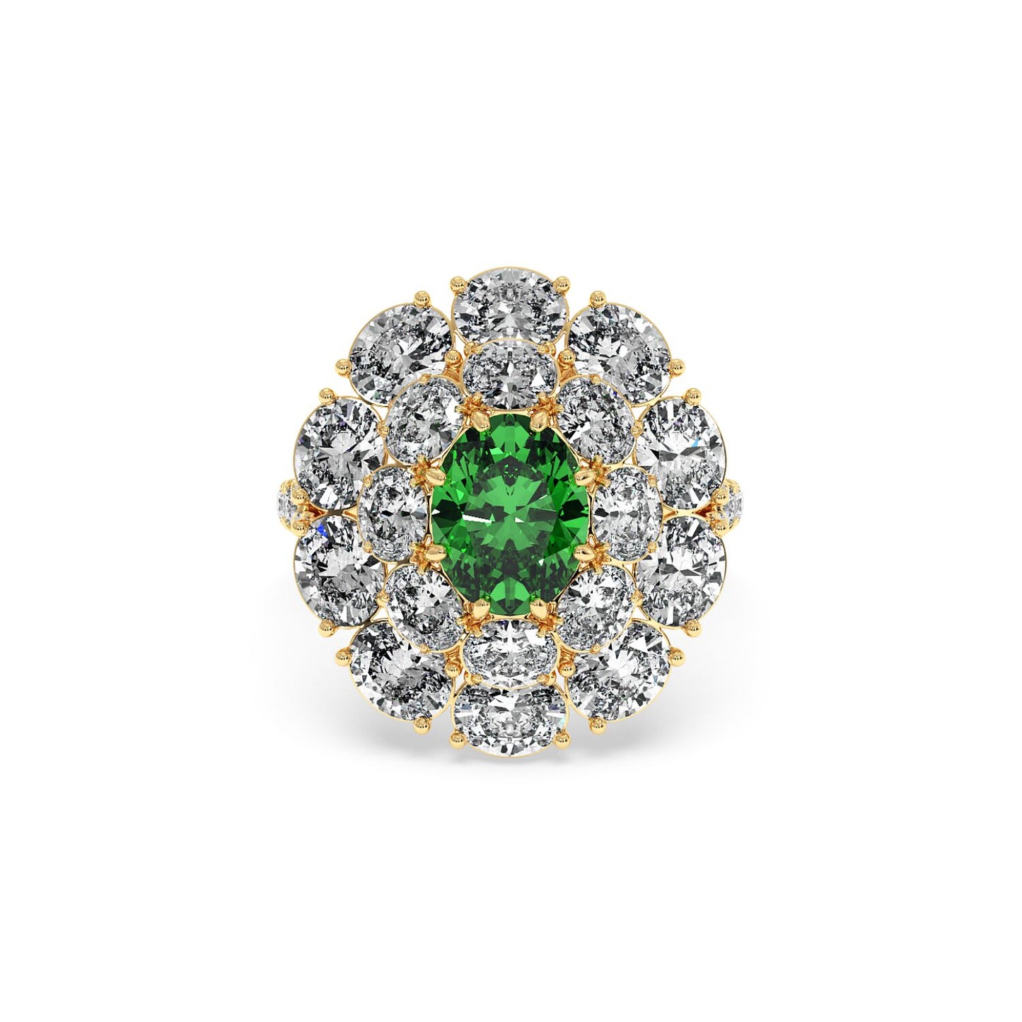 A gold ring with a 2.50CT oval green YAG surrounded by sparkling white diamonds in a floral pattern, creating an elegant, luxurious look.