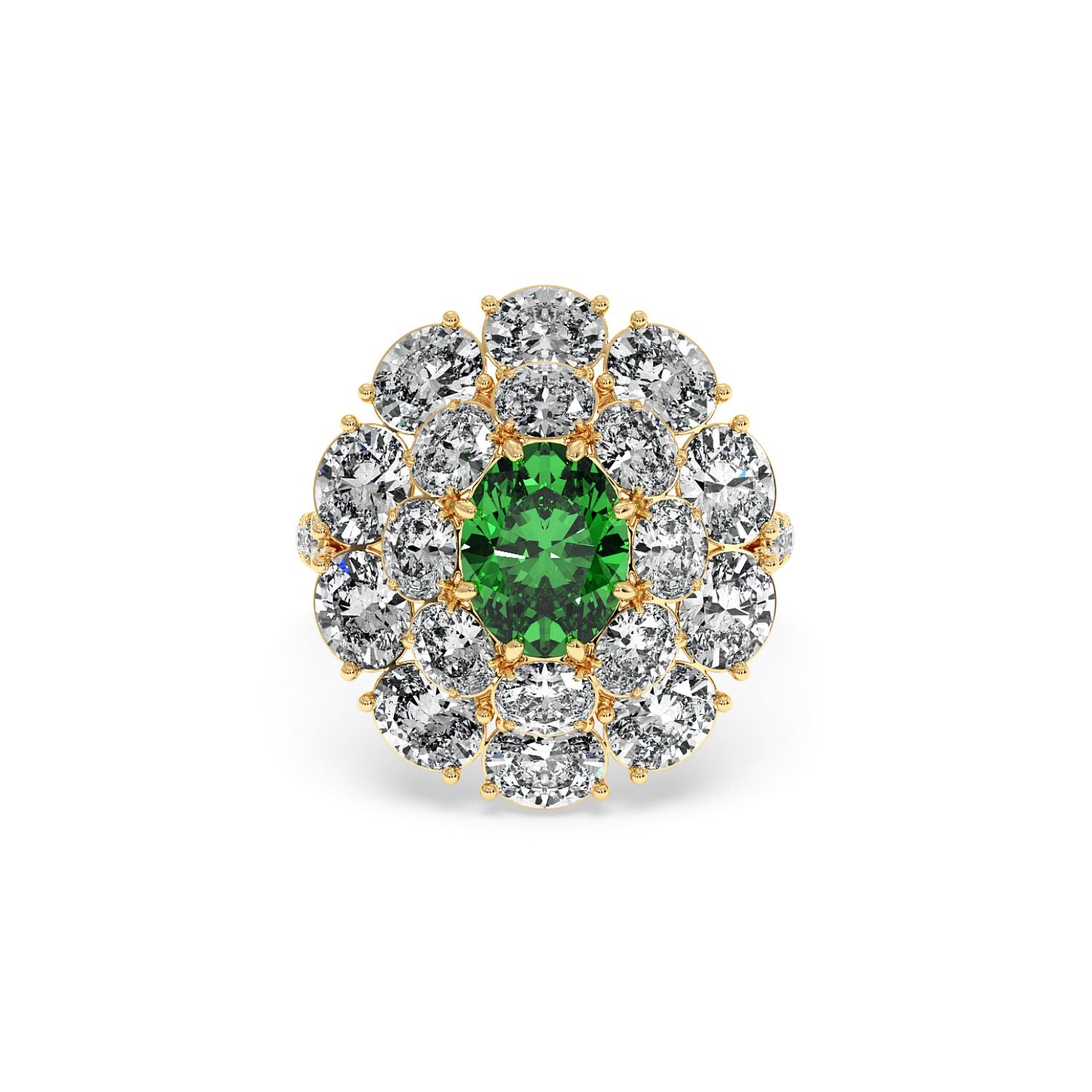 A gold ring with a 2.50CT oval green YAG surrounded by sparkling white diamonds in a floral pattern, creating an elegant, luxurious look.