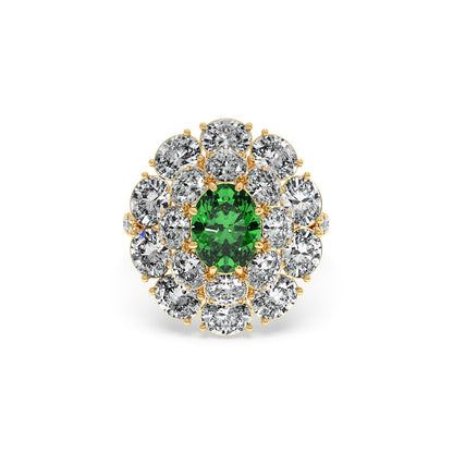 A gold ring with a 2.50CT oval green YAG surrounded by sparkling white diamonds in a floral pattern, creating an elegant, luxurious look.
