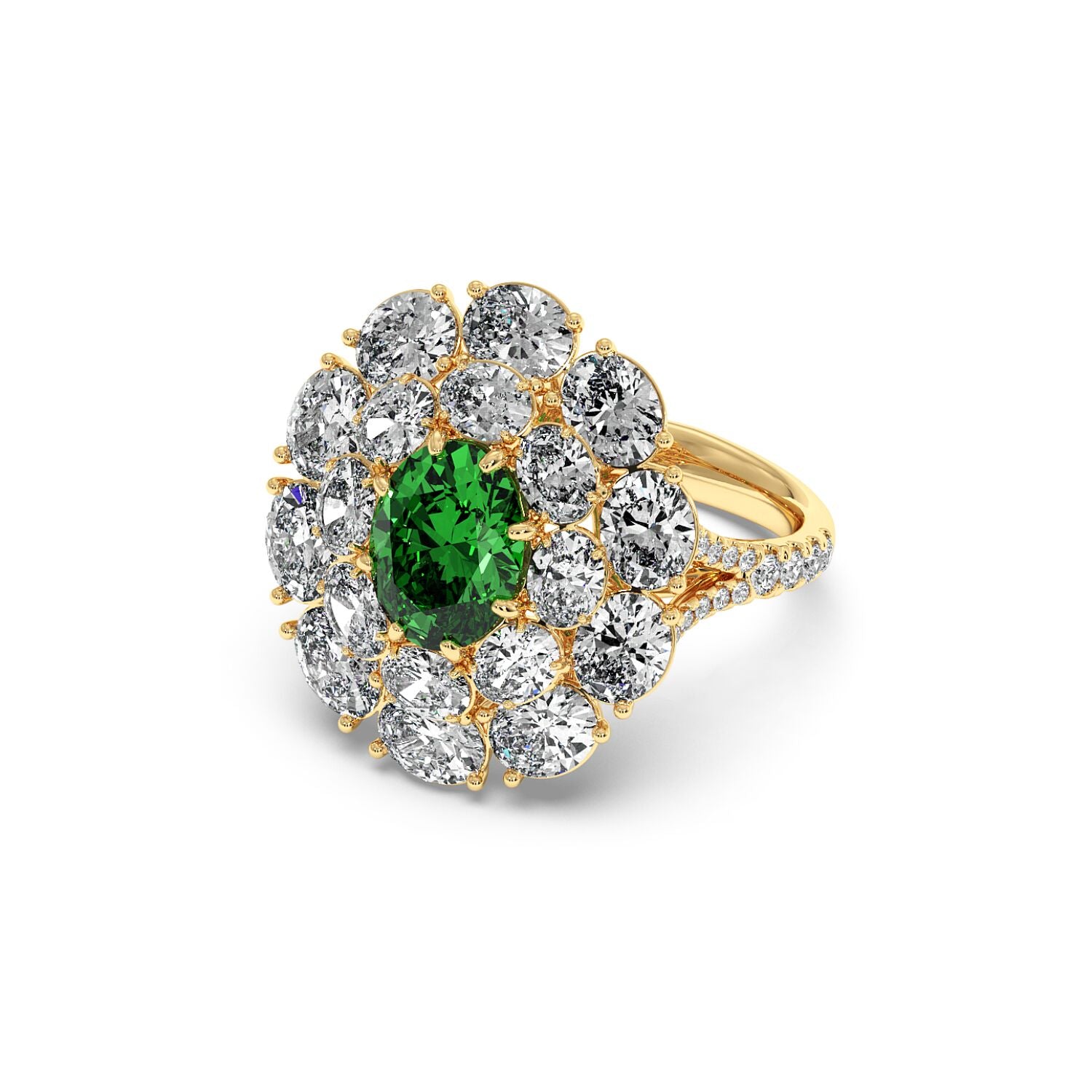 A 14k gold ring with a 2.50CT oval green YAG surrounded by a halo of sparkling white diamonds, exuding timeless elegance and luxury.