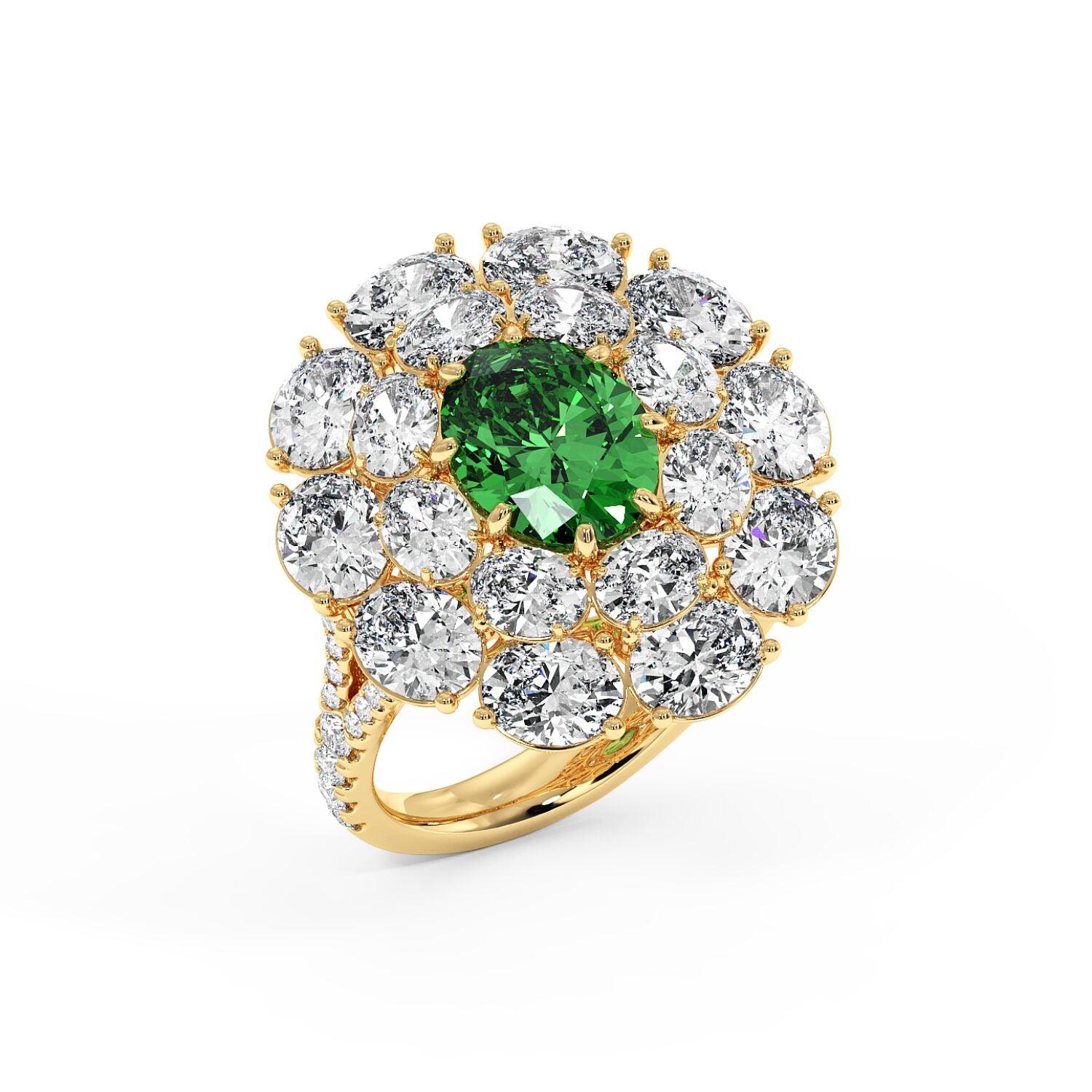 Top view of a gold ring with a 2.50CT oval green YAG surrounded by sparkling white diamonds in a floral pattern, creating an elegant, luxurious look.