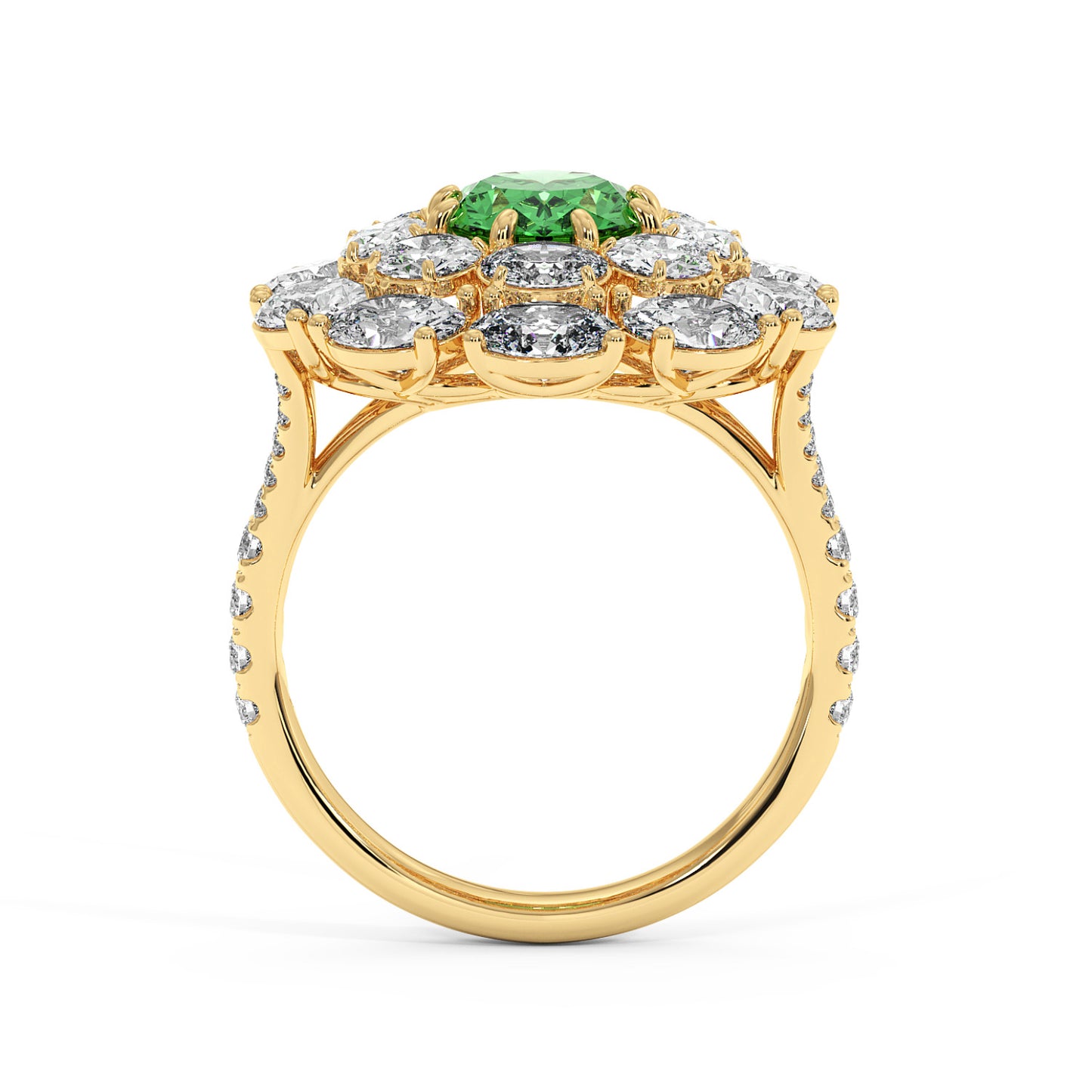 A 14k gold ring featuring a 2.50CT oval green YAG center, surrounded by a halo of diamonds and a diamond-studded band, exuding luxury.