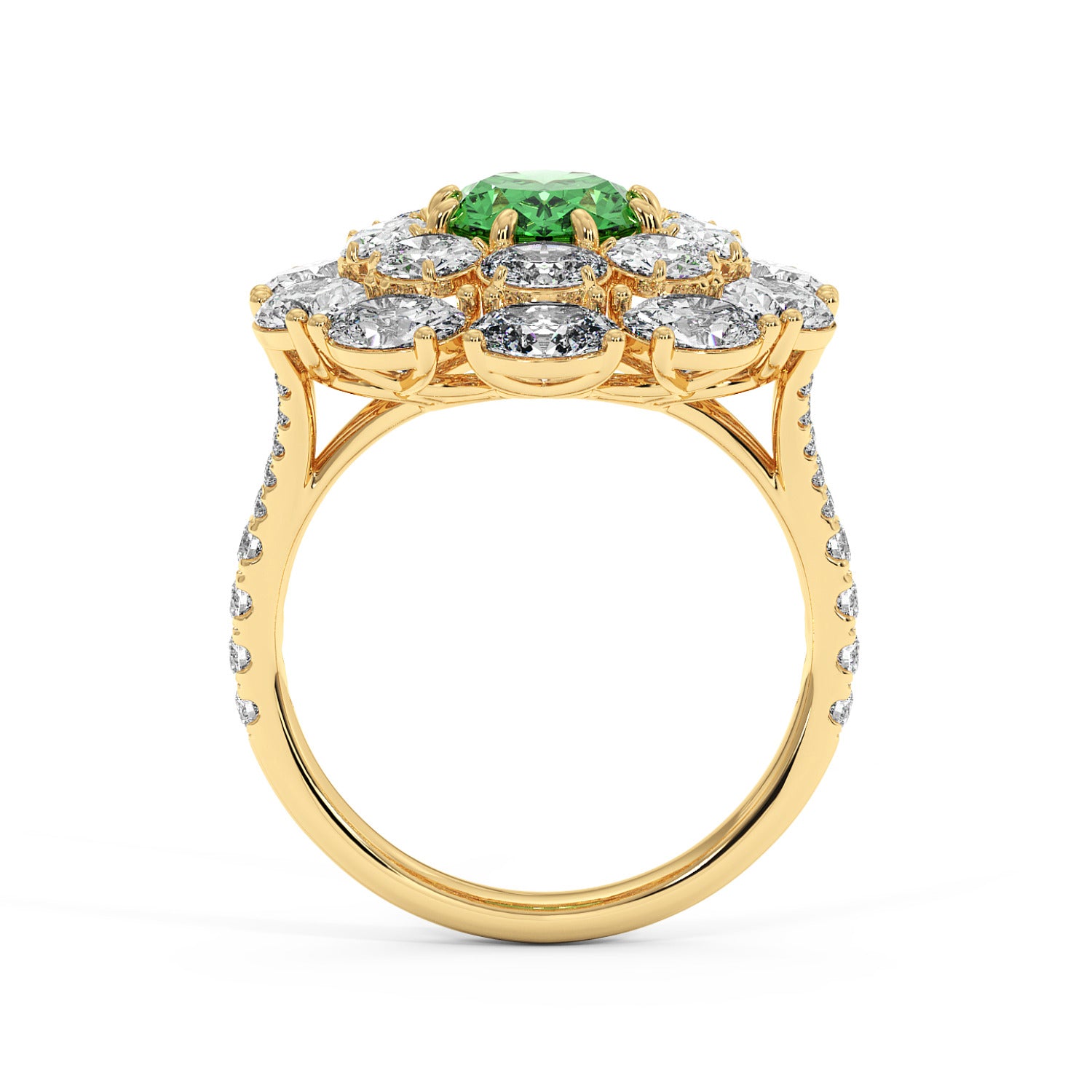 A 14k gold ring featuring a 2.50CT oval green YAG center, surrounded by a halo of diamonds and a diamond-studded band, exuding luxury.