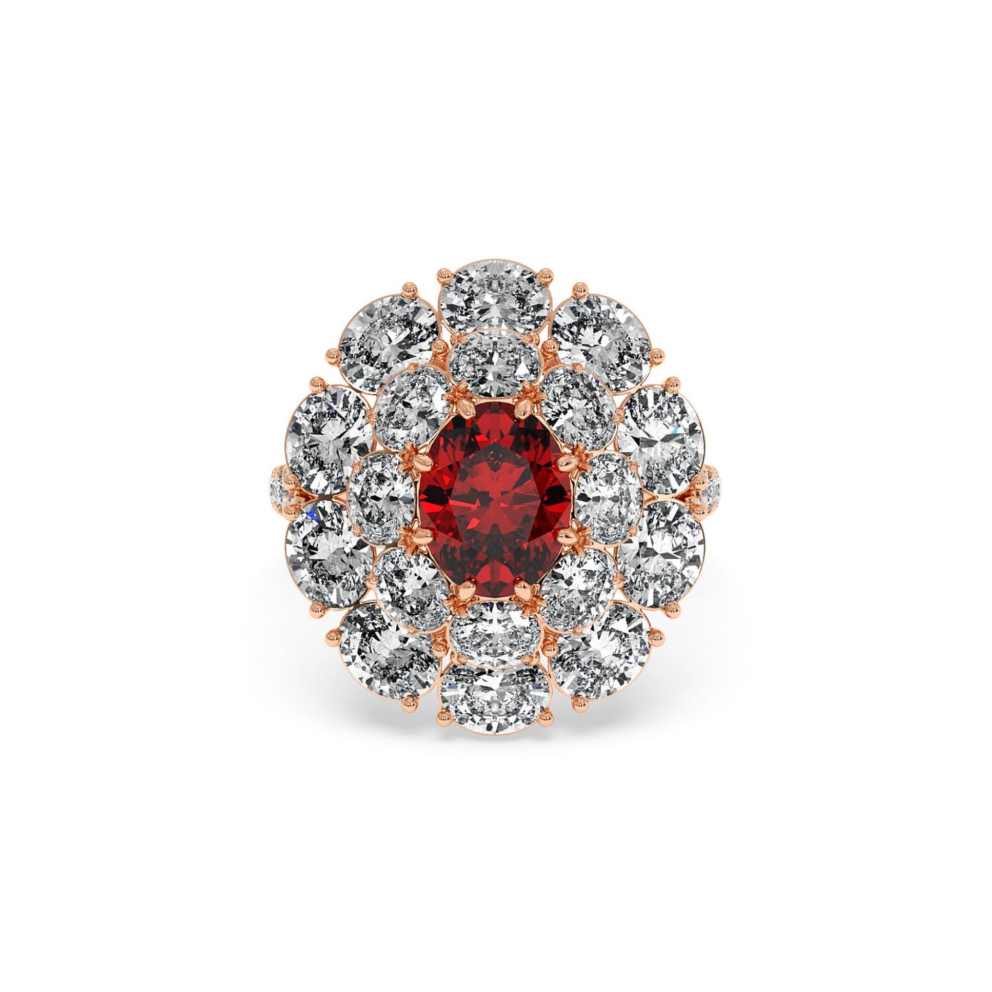A 14k rose gold ring with a 2.50CT oval ruby surrounded by round diamonds, creating an elegant and luxurious design.