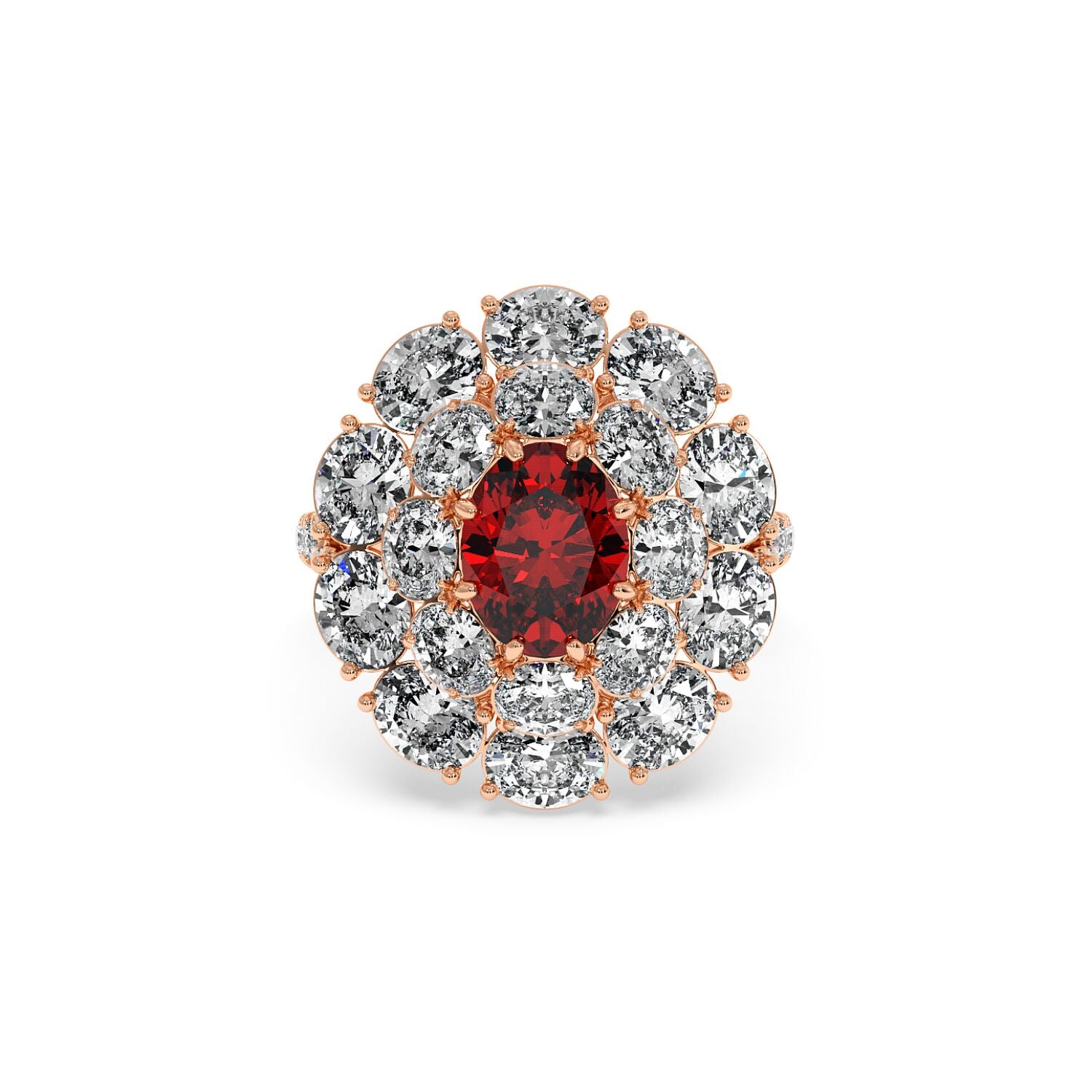 A 14k rose gold ring with a 2.50CT oval ruby surrounded by round diamonds, creating an elegant and luxurious design.