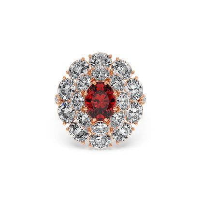 A 14k rose gold ring with a 2.50CT oval ruby surrounded by round diamonds, creating an elegant and luxurious design.