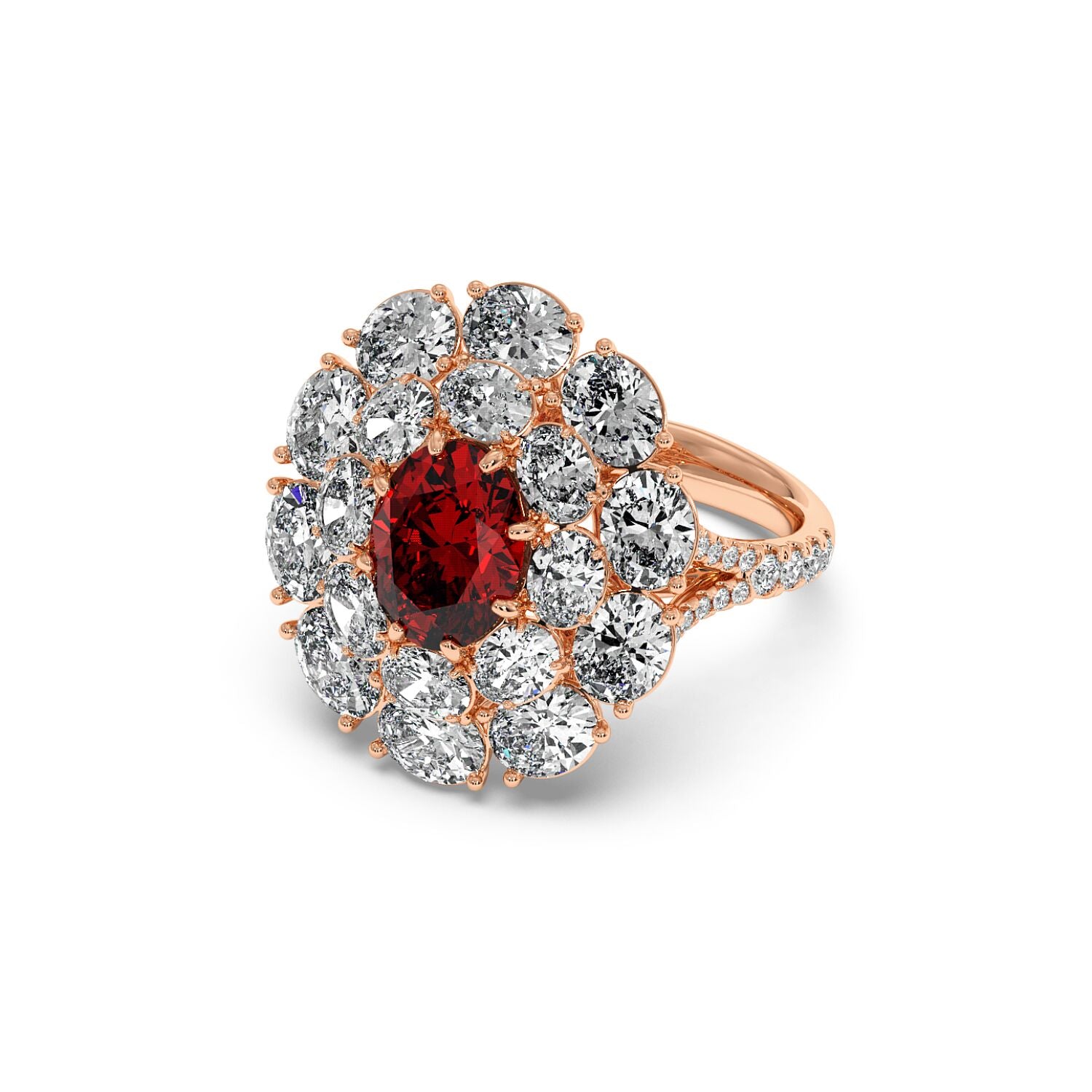 14k rose gold ring with a 2.50CT oval ruby surrounded by white diamonds, showcasing an elegant and luxurious design.