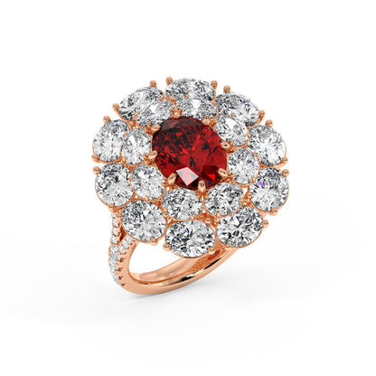 Top view of 14k rose gold ring with a 2.50CT oval ruby surrounded by round diamonds