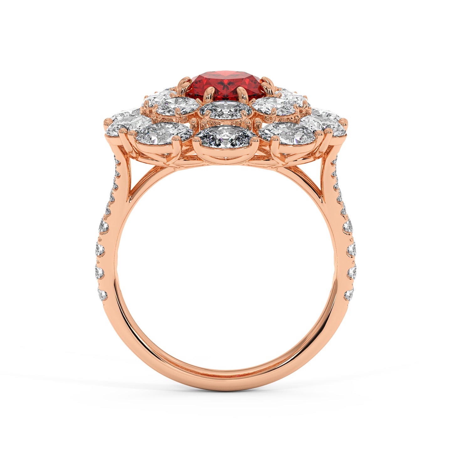 14k rose gold ring with a 2.50CT oval ruby encircled by clear diamonds on a pavé diamond band, exuding elegance and luxury.