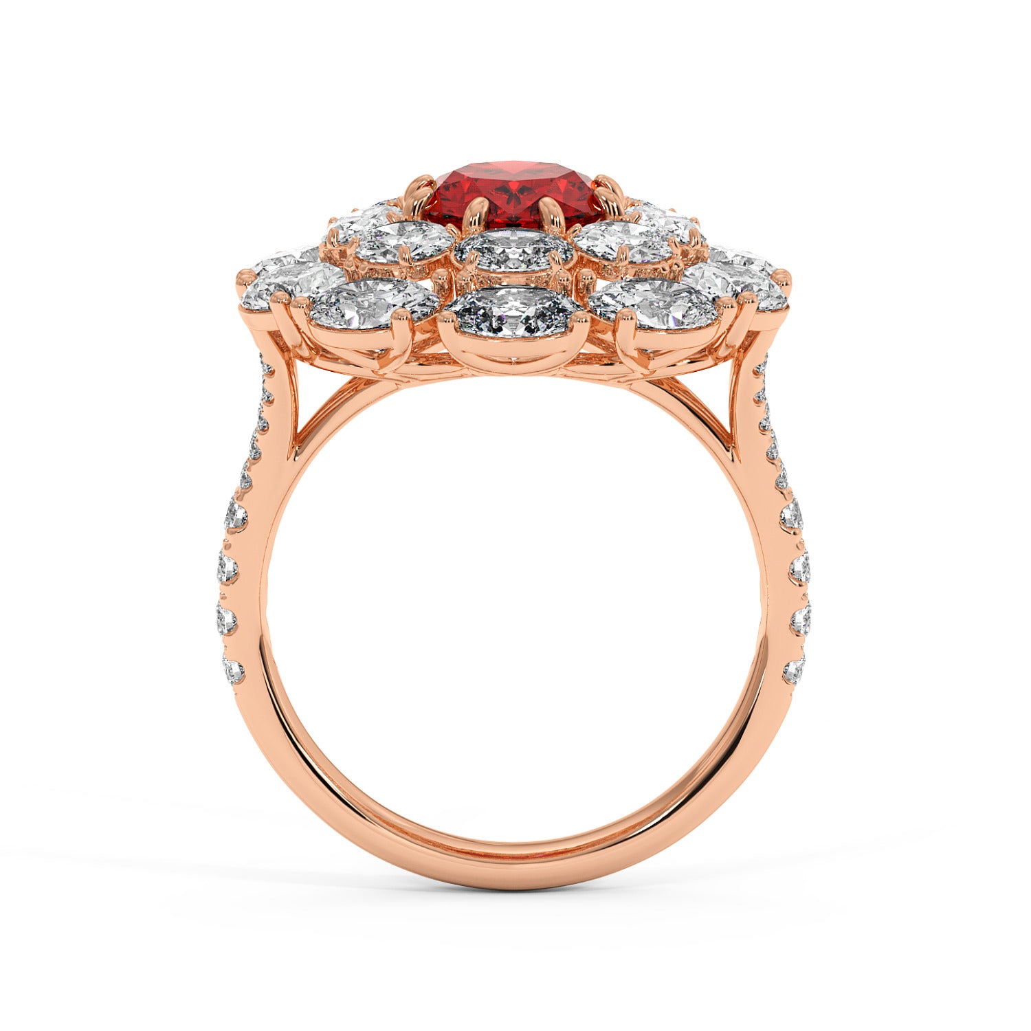 14k rose gold ring with a 2.50CT oval ruby encircled by clear diamonds on a pavé diamond band, exuding elegance and luxury.