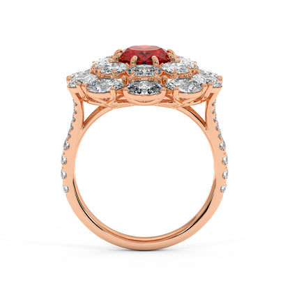 14k rose gold ring with a 2.50CT oval ruby encircled by clear diamonds on a pavé diamond band, exuding elegance and luxury.