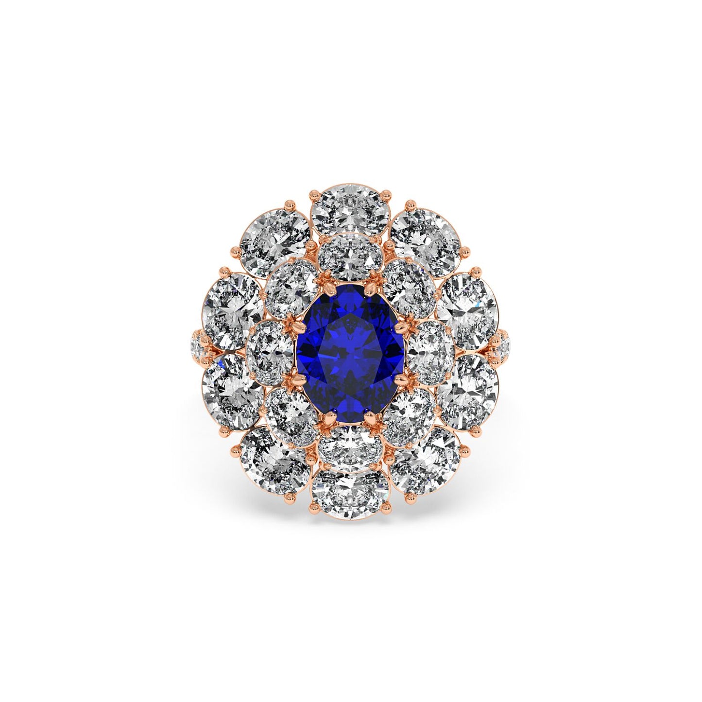 A radiant 14k rose gold ring with a 2.50CT oval blue sapphire surrounded by sparkling diamonds in an intricate, elegant design.