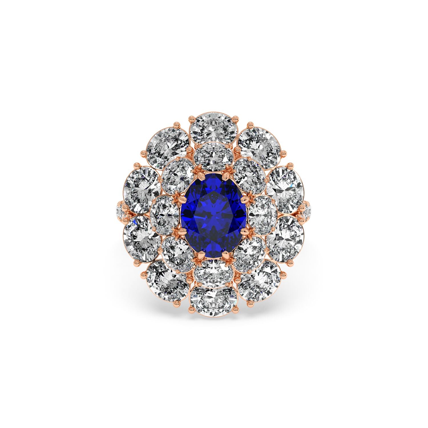 A radiant 14k rose gold ring with a 2.50CT oval blue sapphire surrounded by sparkling diamonds in an intricate, elegant design.