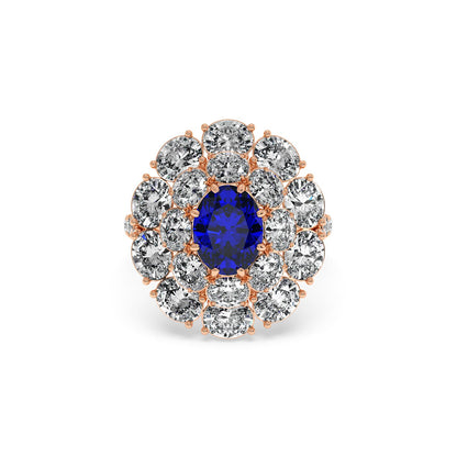 A radiant 14k rose gold ring with a 2.50CT oval blue sapphire surrounded by sparkling diamonds in an intricate, elegant design.