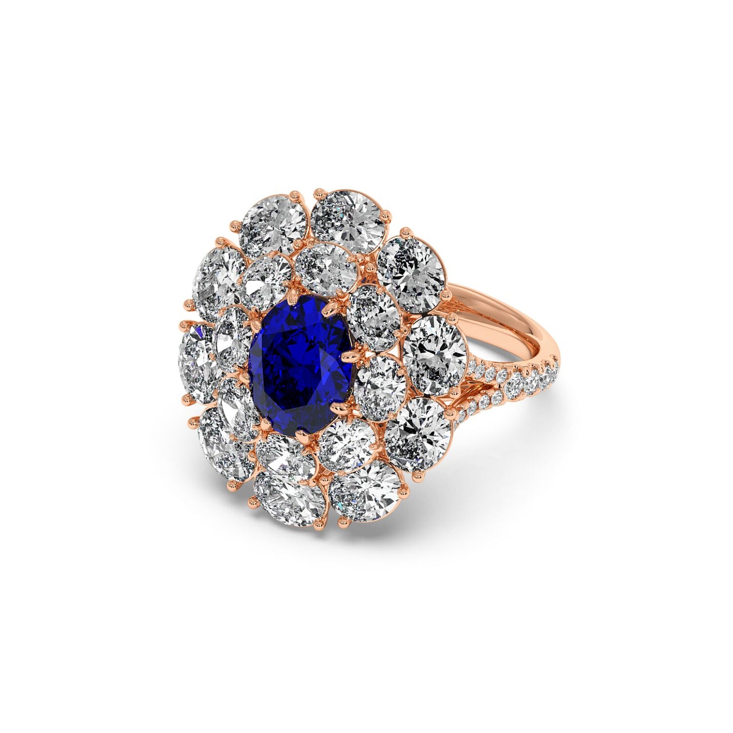 A 14k rose gold ring with a 2.50CT oval blue sapphire surrounded by white diamonds in a floral pattern, exuding elegance and luxury.