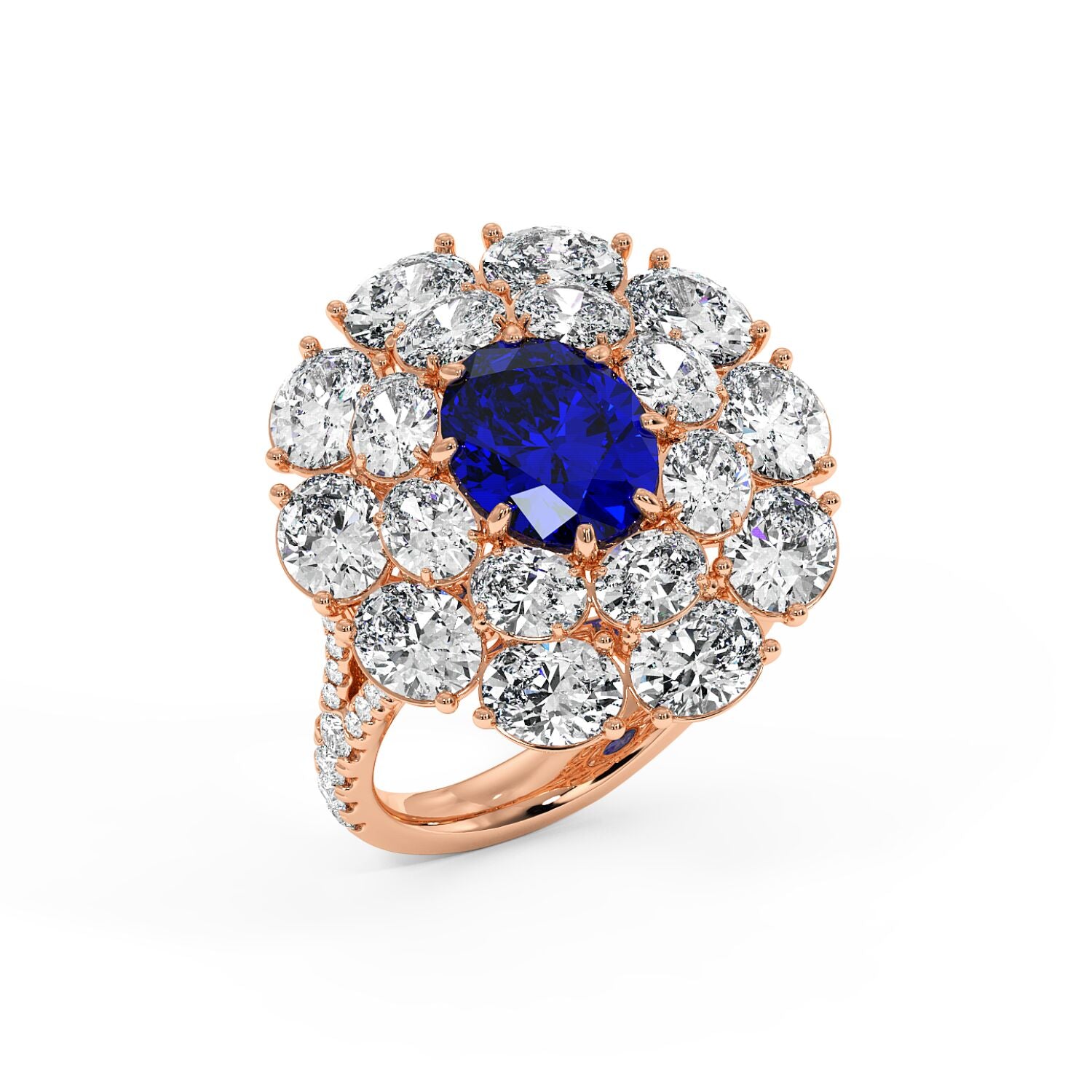 Top view of a 14k rose gold ring with a 2.50CT oval blue sapphire surrounded by sparkling diamonds in an intricate, elegant design.