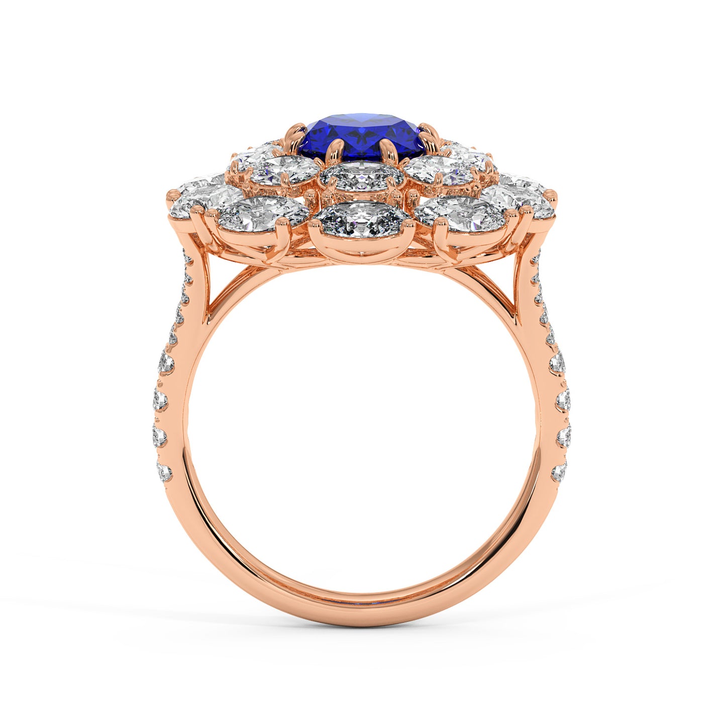 A 14k rose gold ring with a 2.50CT oval blue sapphire surrounded by clear diamonds and a diamond-studded band, exuding elegance.