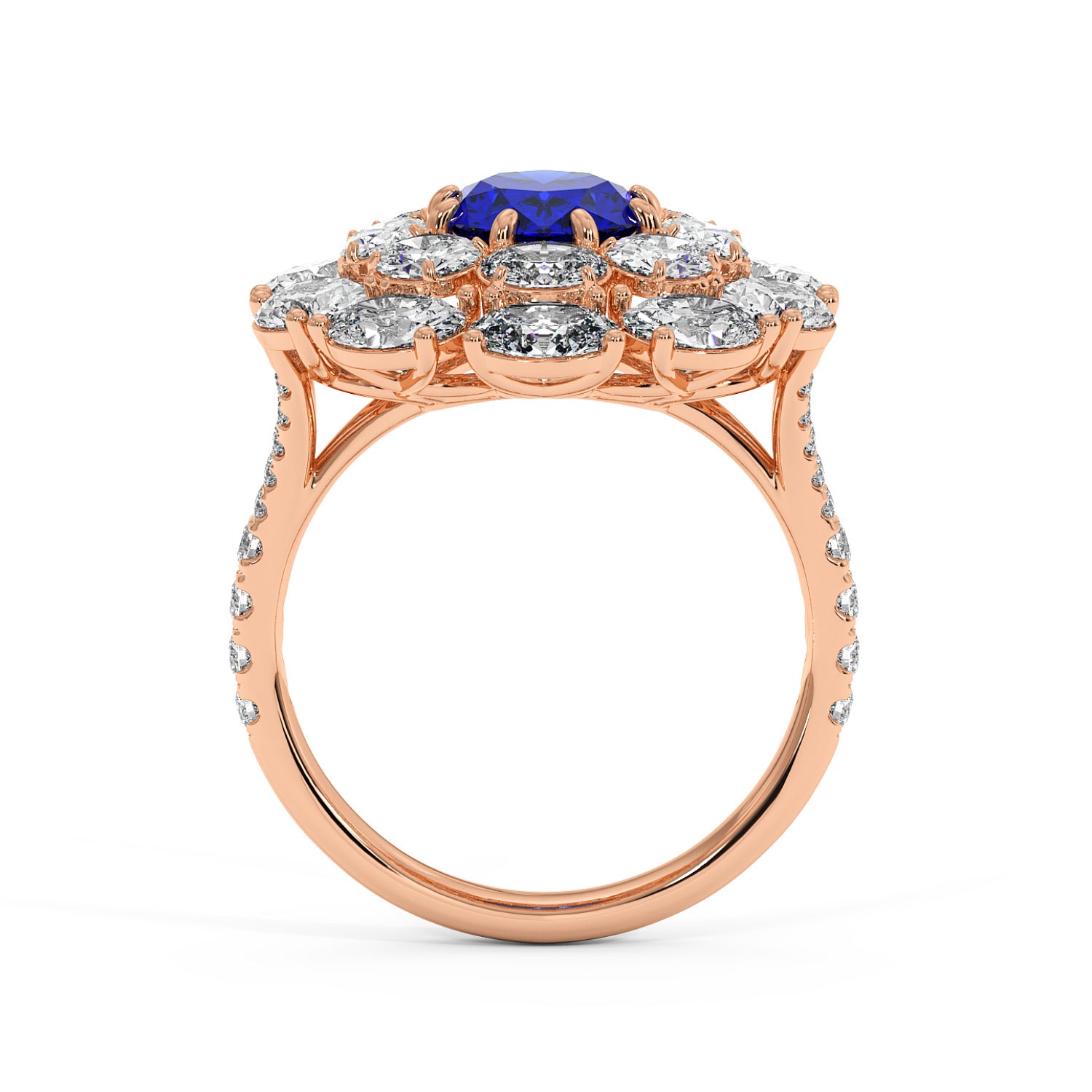 A 14k rose gold ring with a 2.50CT oval blue sapphire surrounded by clear diamonds and a diamond-studded band, exuding elegance.