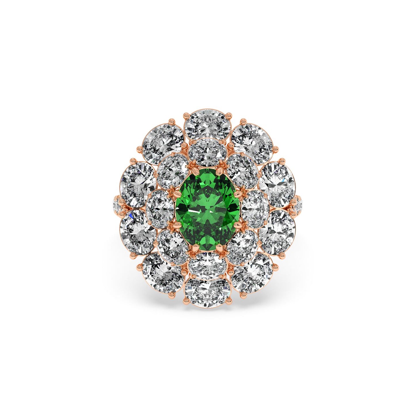 A 14k rose gold ring featuring a 2.50CT oval green YAG surrounded by sparkling diamonds, creating an elegant and luxurious look.