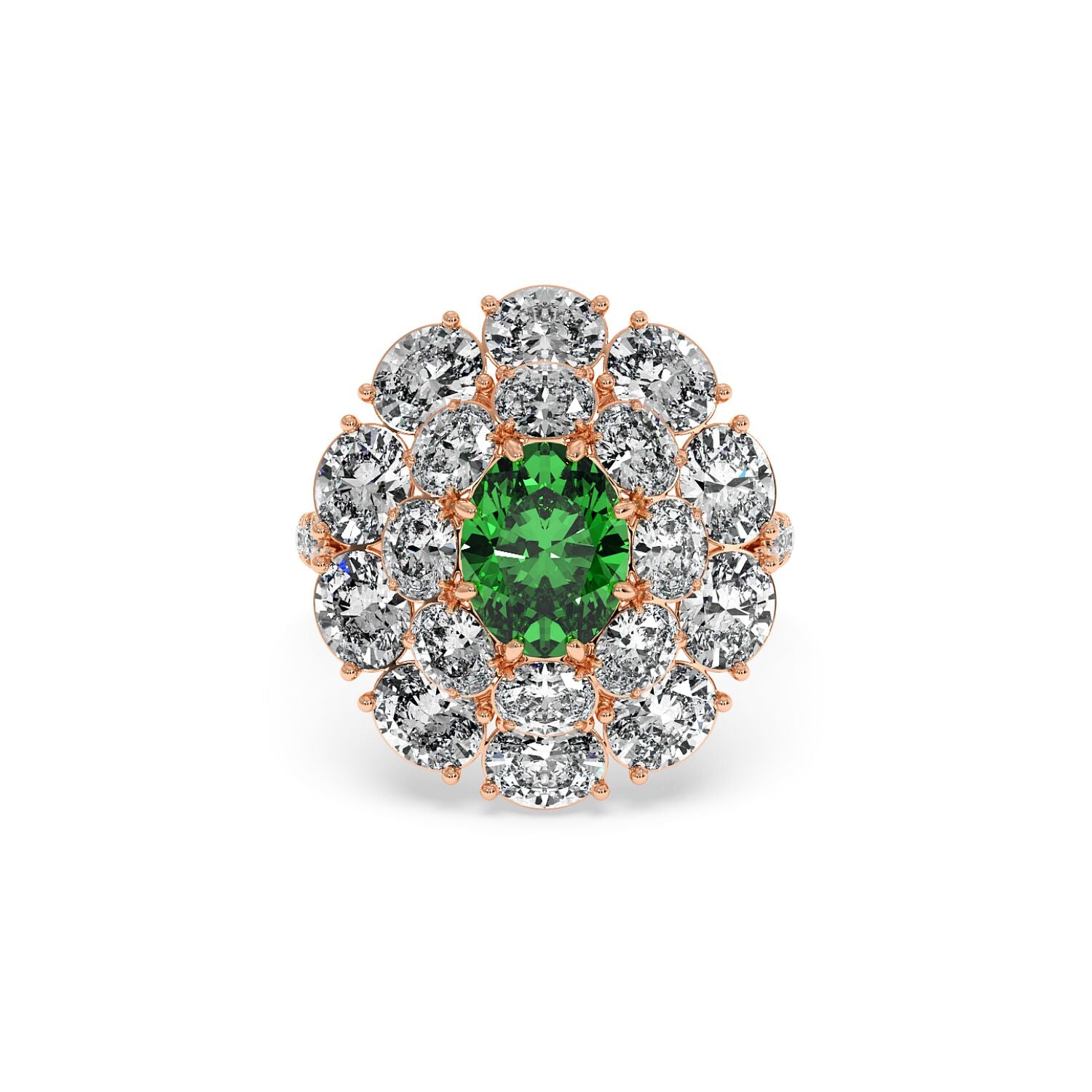 A 14k rose gold ring featuring a 2.50CT oval green YAG surrounded by sparkling diamonds, creating an elegant and luxurious look.
