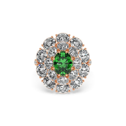A 14k rose gold ring featuring a 2.50CT oval green YAG surrounded by sparkling diamonds, creating an elegant and luxurious look.