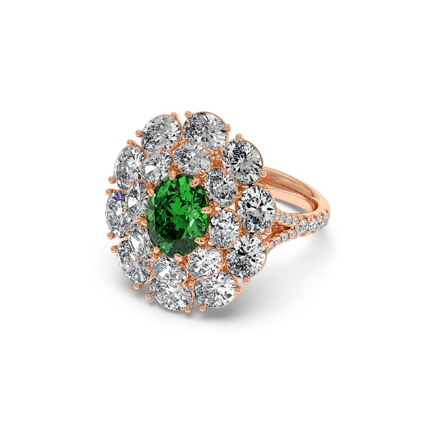 Elegant 14k rose gold ring with a 2.50CT oval green YAG, surrounded by round diamonds in a halo setting, exuding luxury and sophistication.