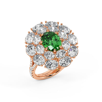 Top view of a 14k rose gold ring featuring a 2.50CT oval green YAG surrounded by sparkling diamonds, creating an elegant and luxurious look.
