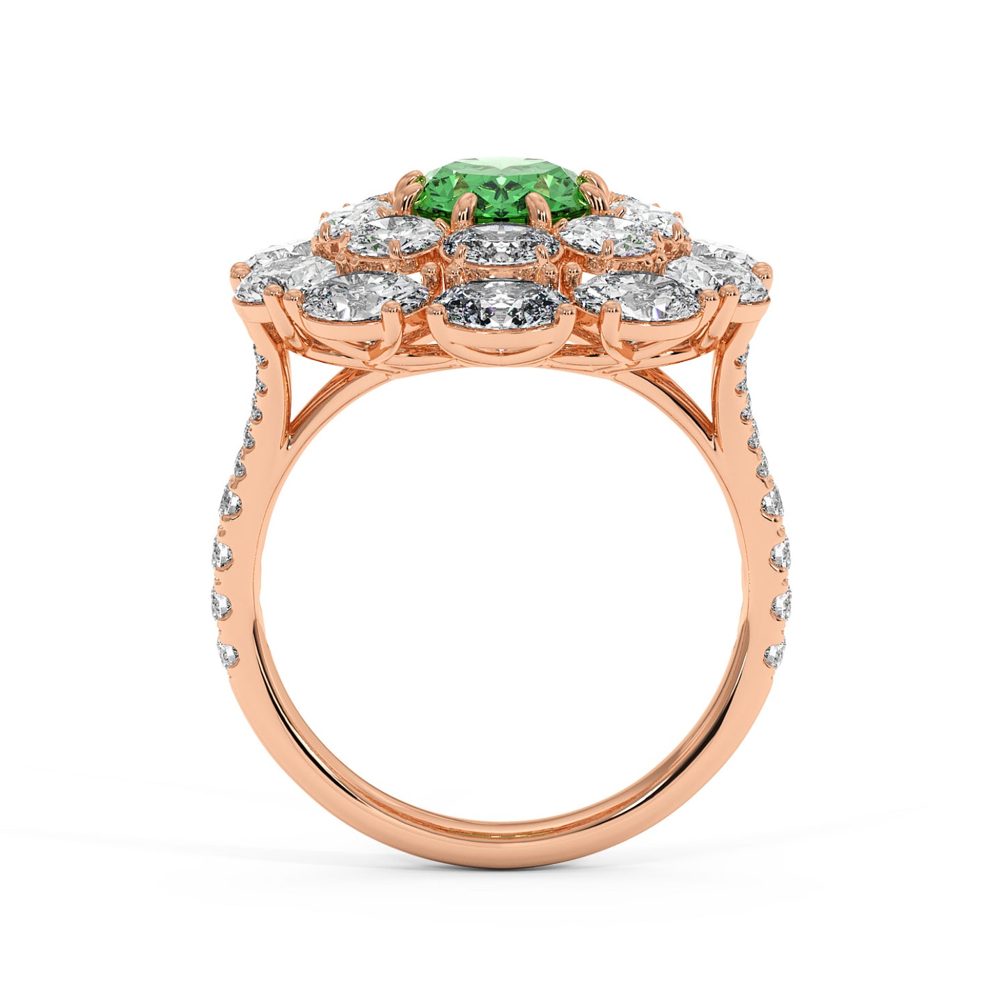 Elegant 14k rose gold ring with a 2.50CT oval green YAG, surrounded by white diamonds on a diamond-studded band, radiating luxury and sophistication.