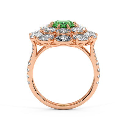 Elegant 14k rose gold ring with a 2.50CT oval green YAG, surrounded by white diamonds on a diamond-studded band, radiating luxury and sophistication.