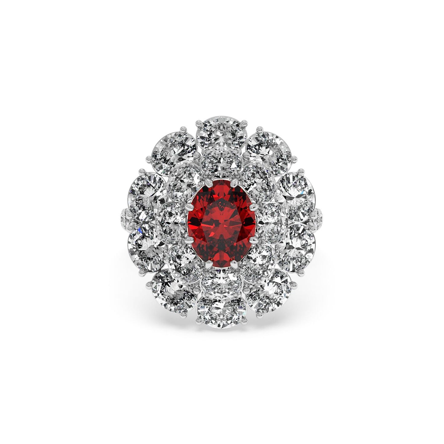 A 14k white gold ring featuring a 2.50CT oval red ruby surrounded by round diamonds in a halo design, exuding elegance and luxury.