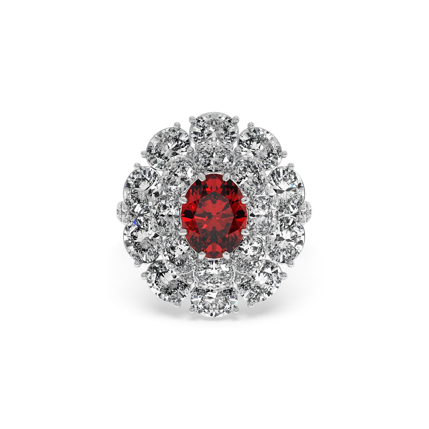 A 14k white gold ring featuring a 2.50CT oval red ruby surrounded by round diamonds in a halo design, exuding elegance and luxury.