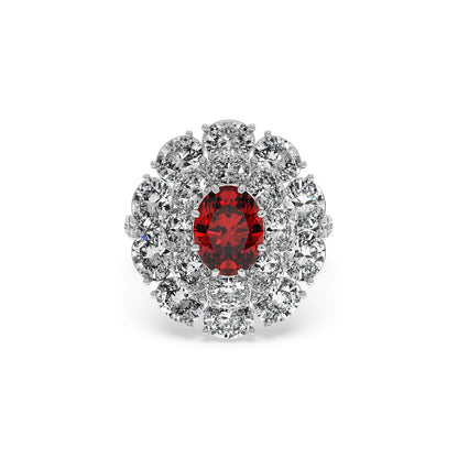 A 14k white gold ring featuring a 2.50CT oval red ruby surrounded by round diamonds in a halo design, exuding elegance and luxury.