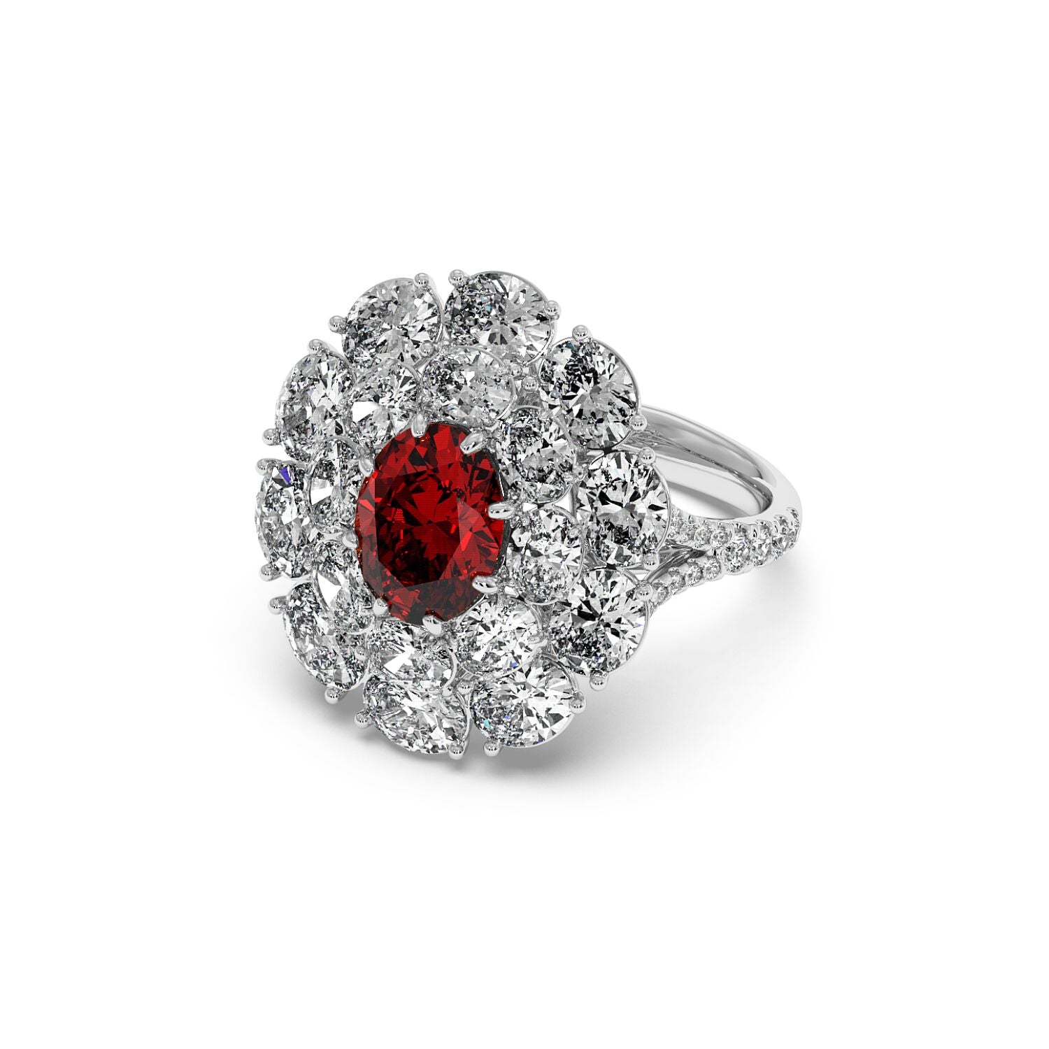 14k white gold ring with a 2.50CT oval red ruby surrounded by round diamonds on a sleek, diamond-studded band, exuding elegance and luxury.