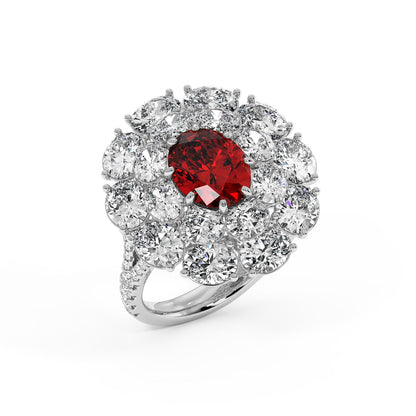 Top view of a 14k white gold ring featuring a 2.50CT oval red ruby surrounded by round diamonds in a halo design