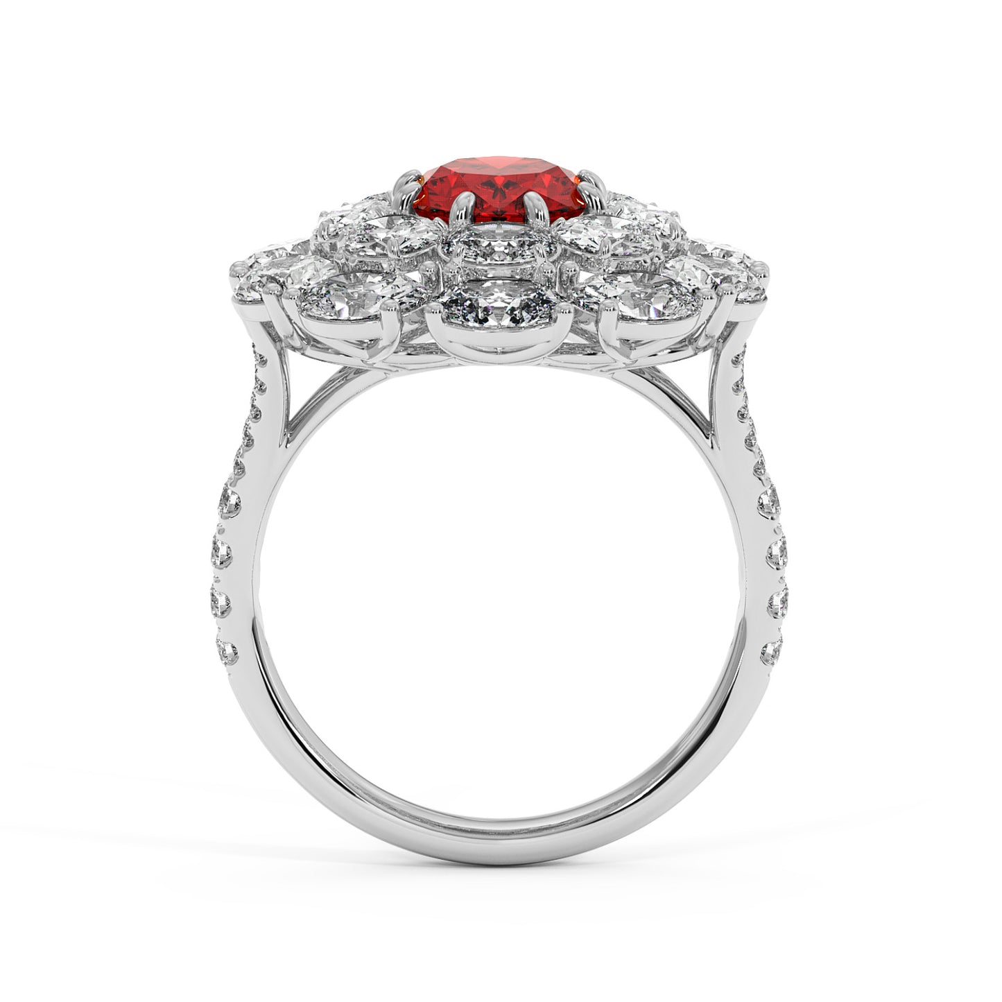 14k white gold ring with a 2.50CT oval red ruby surrounded by diamonds on a sleek band, radiating luxury and sophistication.
