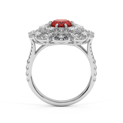 14k white gold ring with a 2.50CT oval red ruby surrounded by diamonds on a sleek band, radiating luxury and sophistication.