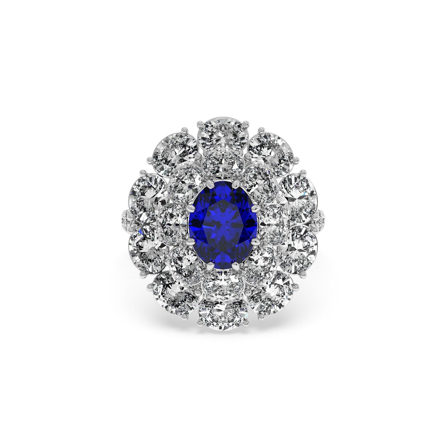 A 14k white gold ring with a 2.50CT oval blue sapphire surrounded by sparkling diamonds, creating an elegant and luxurious look.