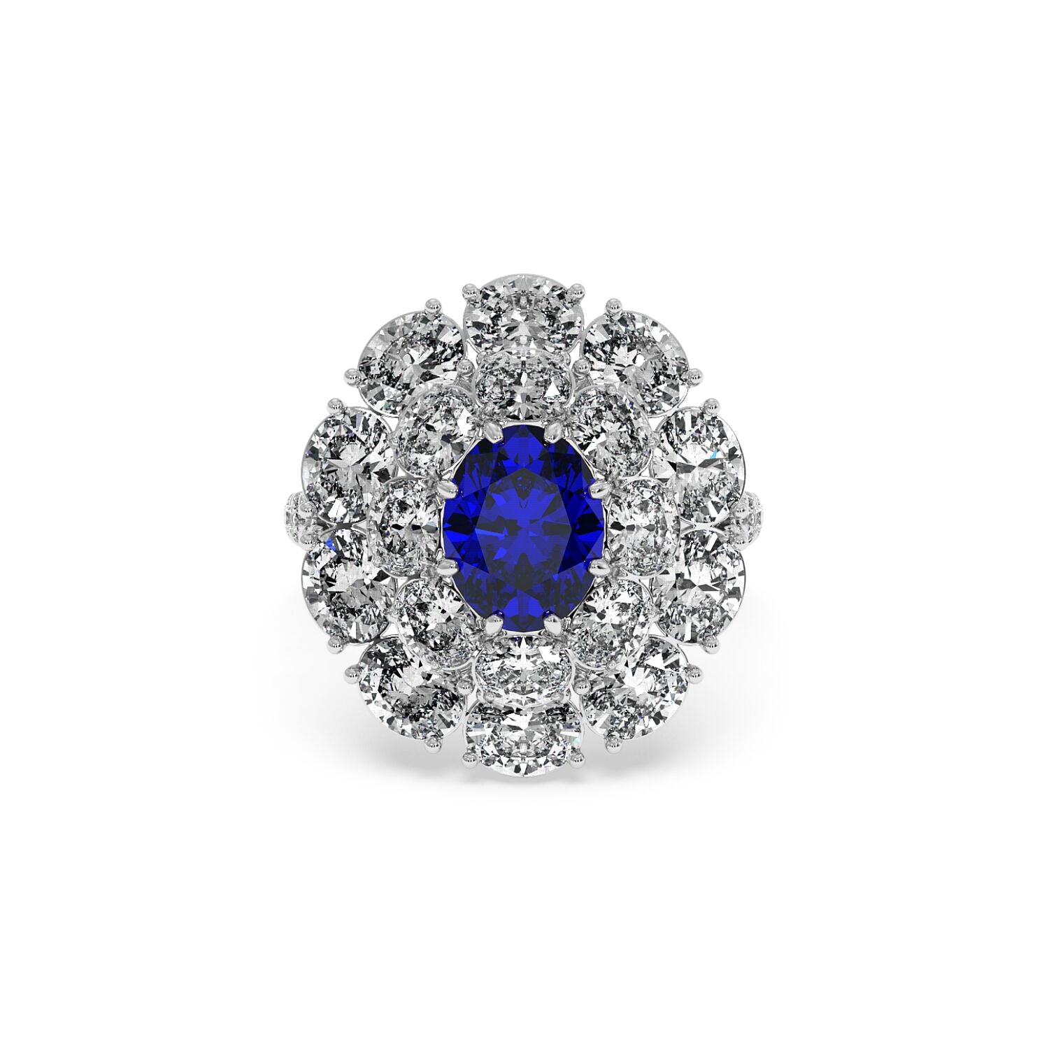 A 14k white gold ring with a 2.50CT oval blue sapphire surrounded by sparkling diamonds, creating an elegant and luxurious look.
