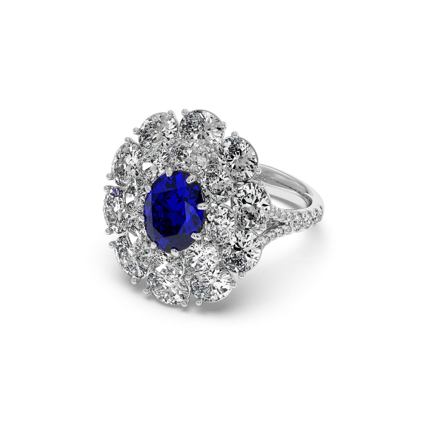 A 14k white gold ring with a 2.50CT oval blue sapphire surrounded by two tiers of sparkling diamonds, creating an elegant and luxurious design.