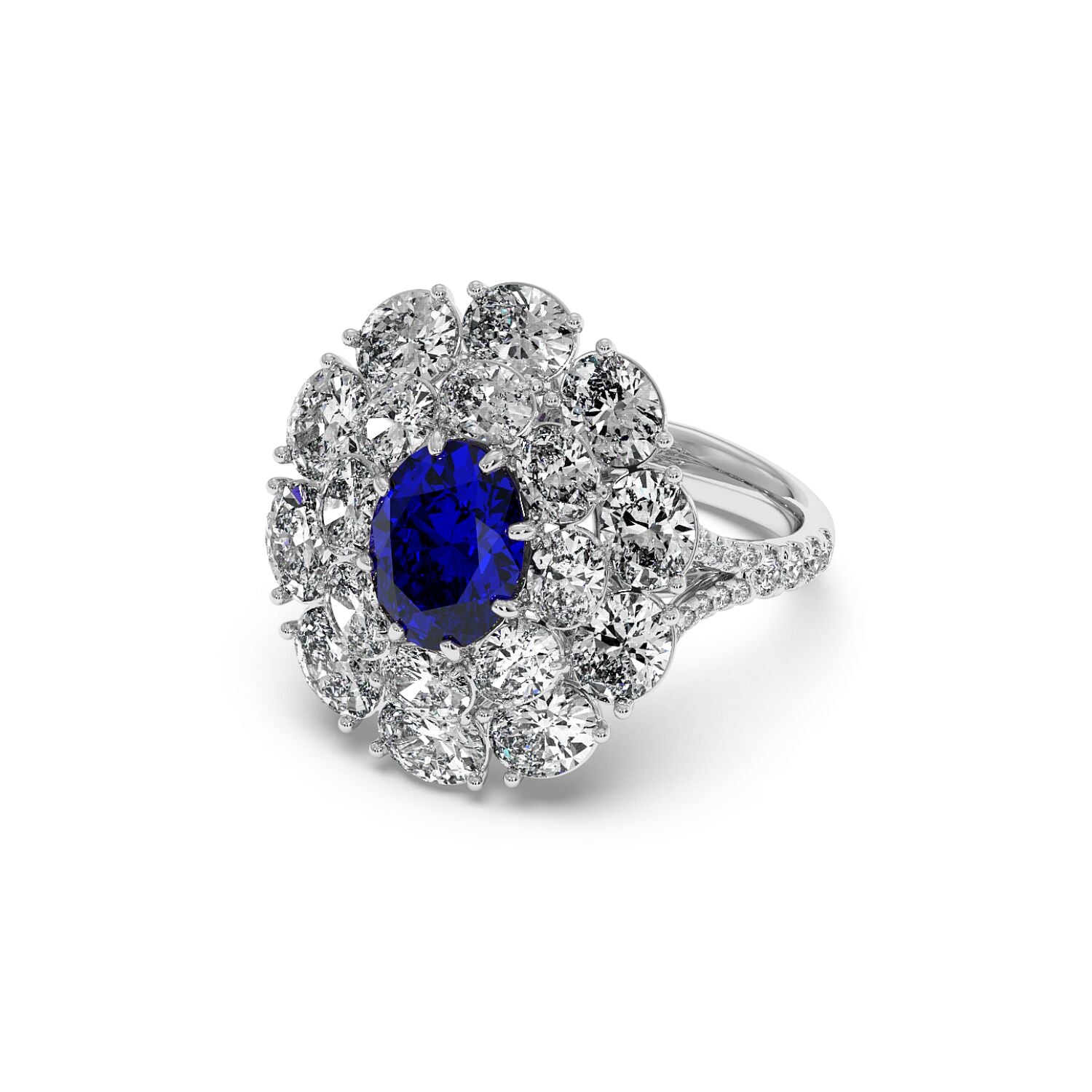 A 14k white gold ring with a 2.50CT oval blue sapphire surrounded by two tiers of sparkling diamonds, creating an elegant and luxurious design.