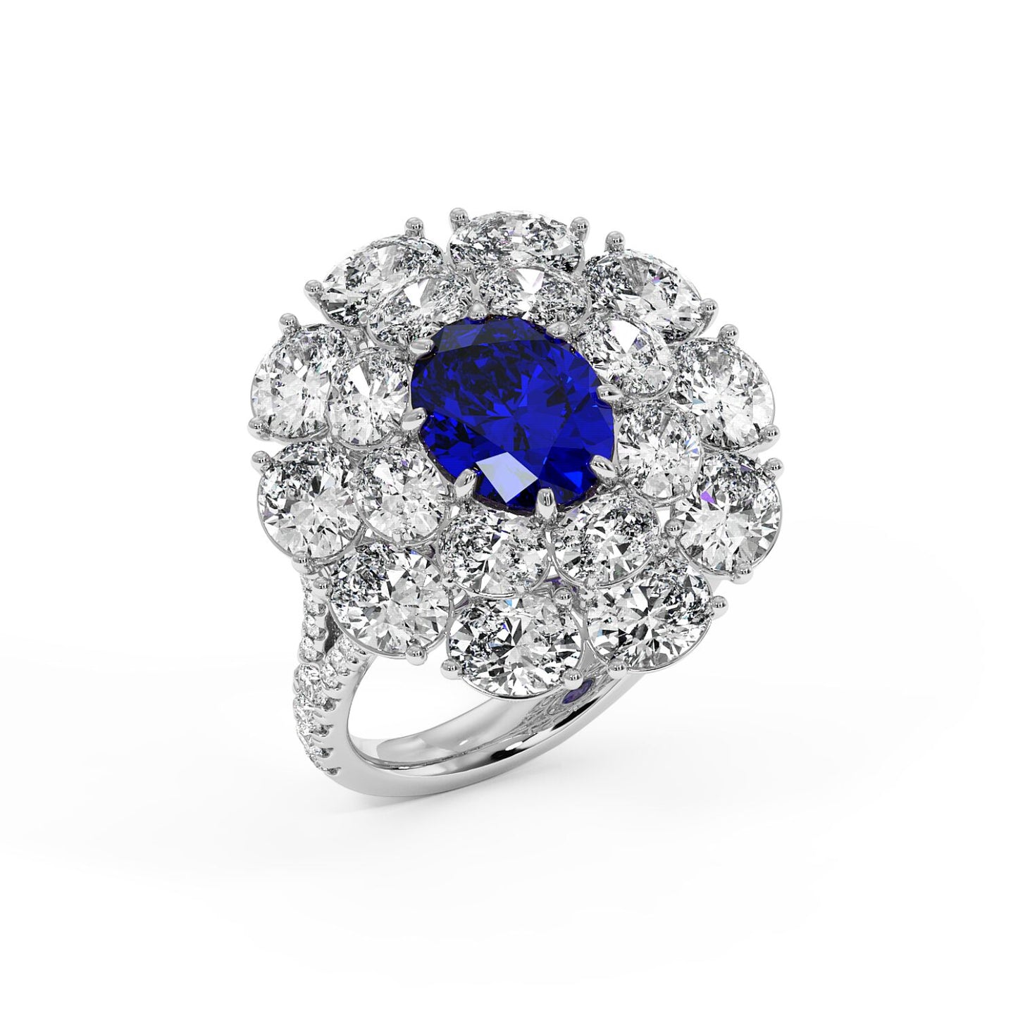 Top view of A 14k white gold ring with a 2.50CT oval blue sapphire surrounded by sparkling diamonds