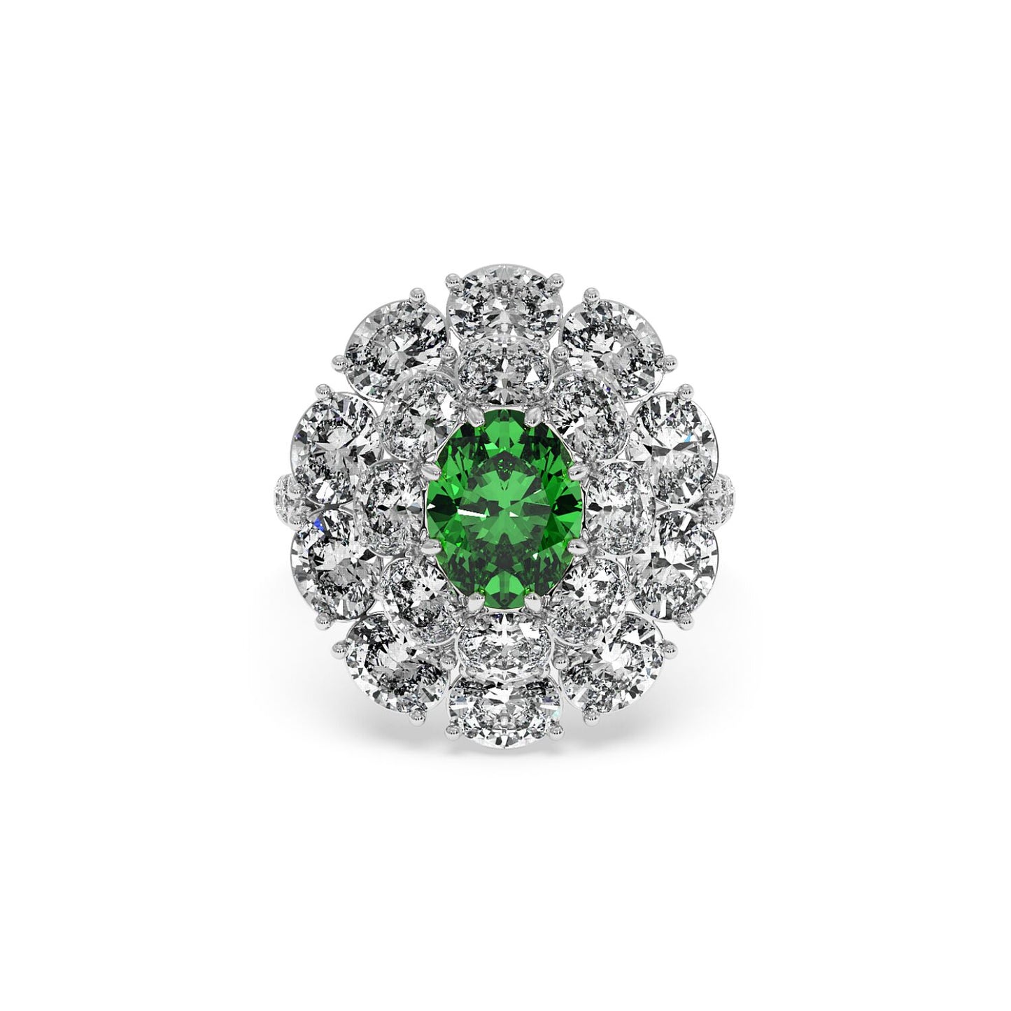 Elegant 14k white gold ring with a 2.50CT oval green YAG surrounded by sparkling diamonds, exuding luxury and sophistication.